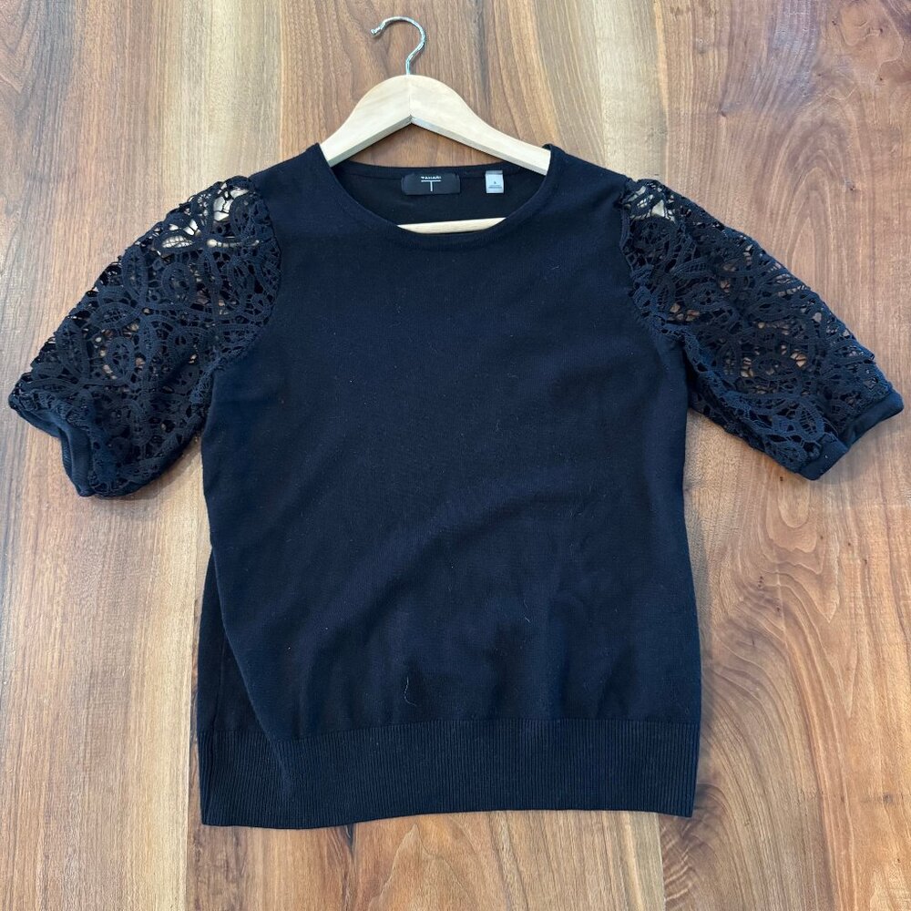 T Tahari black knit T with lace sleeves